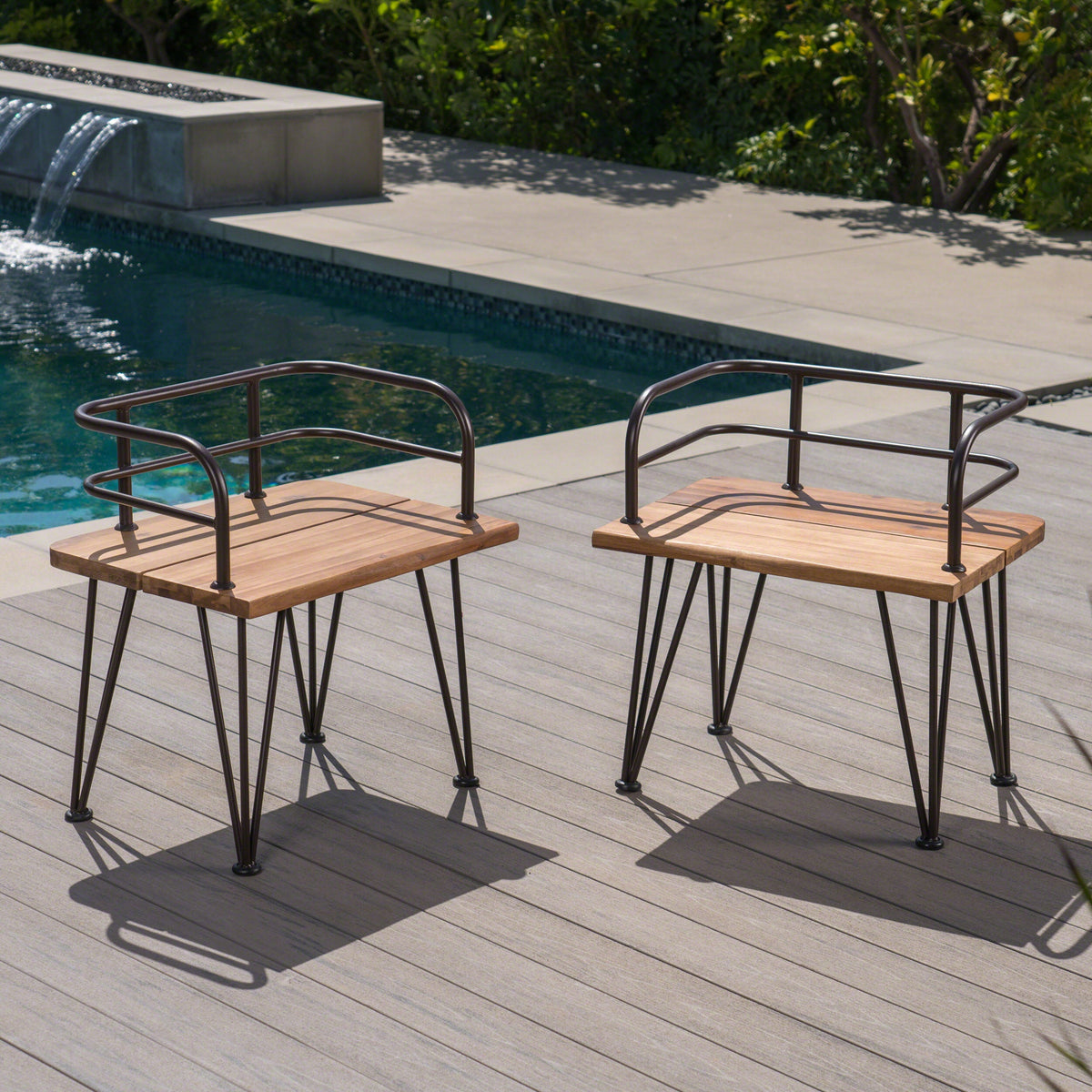Industrial Wood and Metal Patio Chair Set of 2 with Acacia Wood Seat - Teak Finish, photo 3 of 10