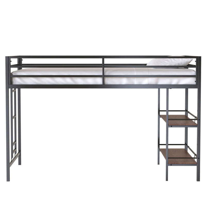 Adam - Twin Loft Bunk Bed With Cinnamon Wood Shelf - Black by HouseOfZazla