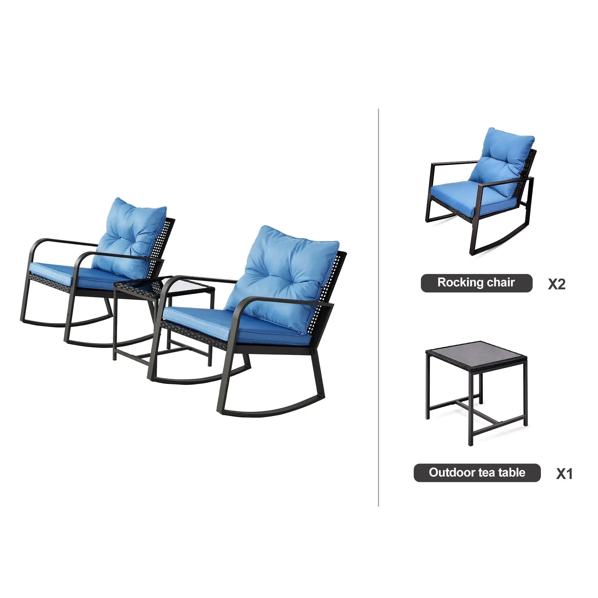 3 Pieces Patio Bistro Set Outdoor Rocking Chair with Blue Cushion for Yard Garden Poolside by HouseOfZazla