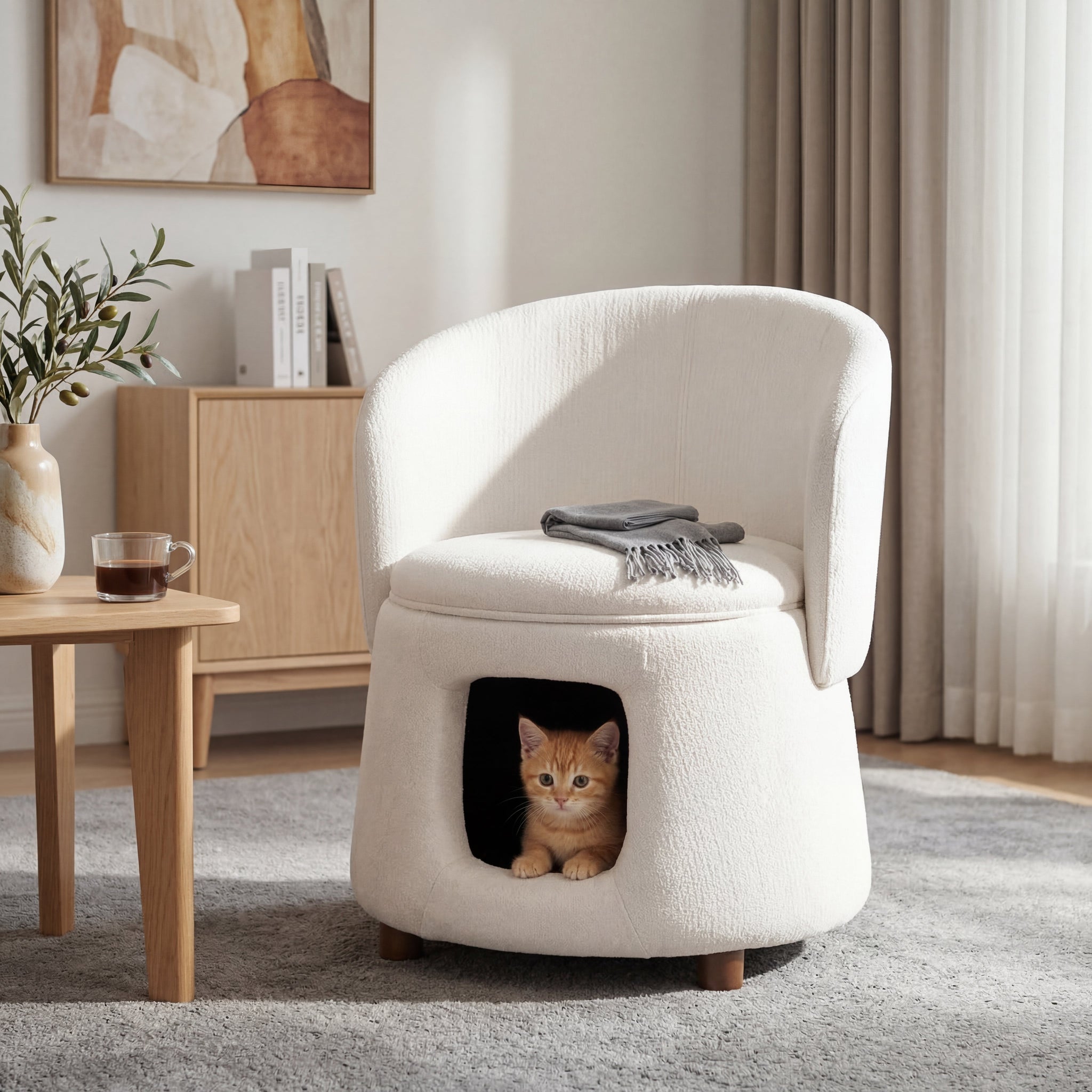 Beige Pet Friendly Chair with Hidden Pet Nook, Convertible Stool, Storage Seat by HouseOfZazla