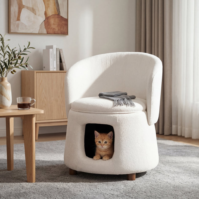Beige Pet Friendly Chair with Hidden Pet Nook, Convertible Stool, Storage Seat by HouseOfZazla