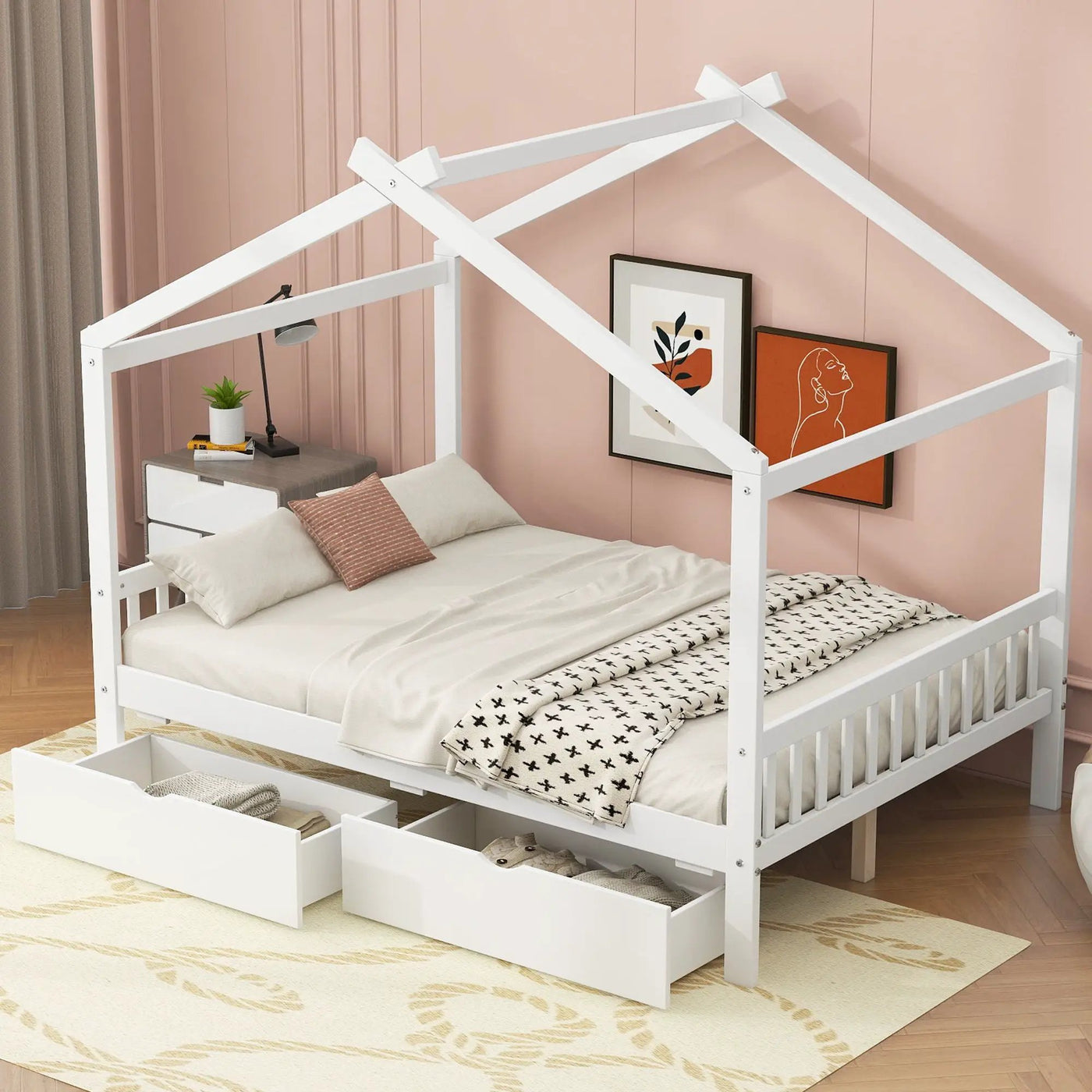 House Style Platform Bed With Headboard, Footboard, 2 Drawers, And Roof Design by HouseOfZazla