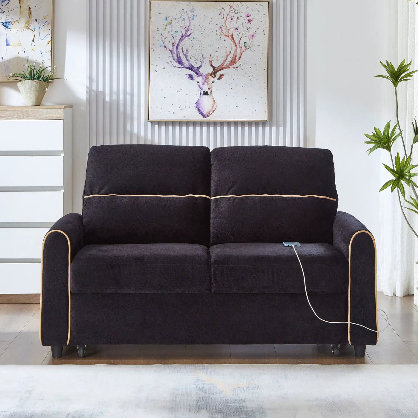 Pull Out Sofa Bed With Adjustable 3 Position Backrest, USB Charging Ports, Side Pockets by Unique Piece Furniture