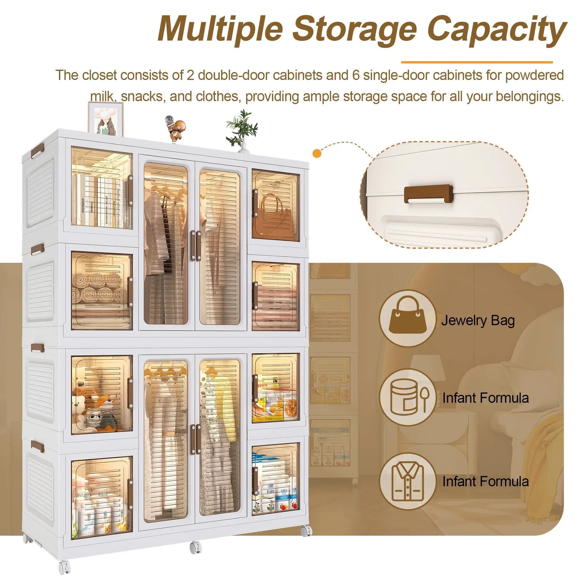 Portable Wardrobe Closet Storage Organizer For Clothes With Magnetic Doors, 12 Cubes & 2 Hanging Rods - White by HouseOfZazla