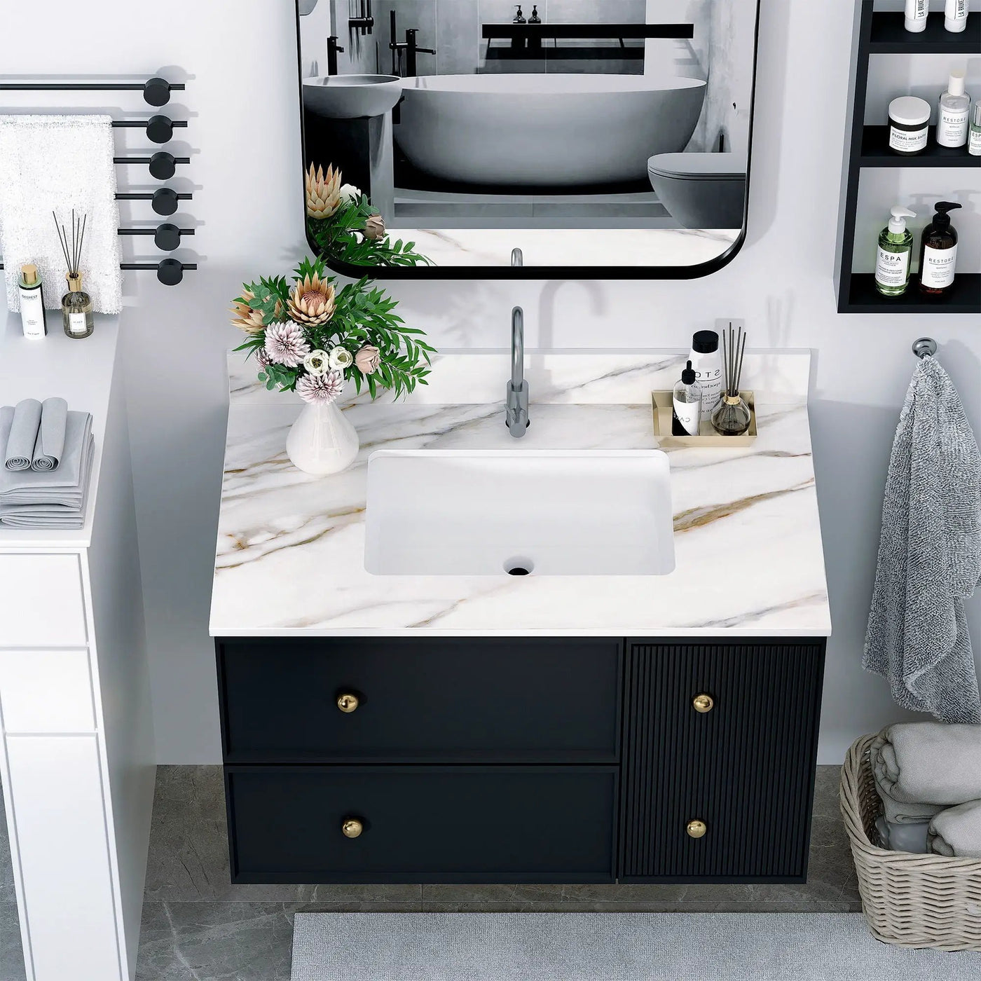 Elegant Vanity Top With Undermount Sink And Backsplash, Sintered Stone by HouseOfZazla
