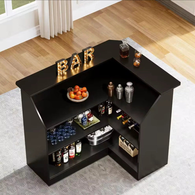L-Shaped Home Bar Cabinet With Stemware Racks, 4 Tier Corner Unit, Liquor Wine Bar Table & Reception Desk For Home Pub - Black by HouseOfZazla
