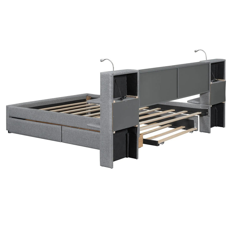 Upholstered Platform Bed With Reading Lights, Drawers, Trundle And Shelves by HouseOfZazla