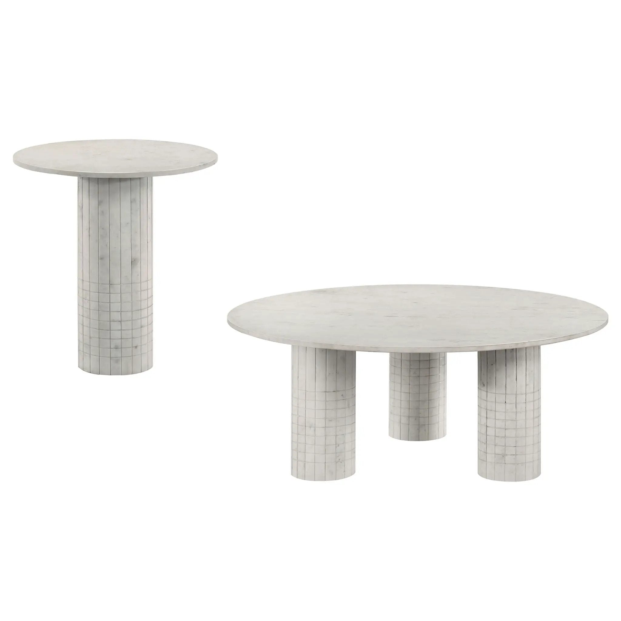 Preston - 2 Piece Coffee And End Table Set With Cylindrical Pedestal Bases, Round Design - White by HouseOfZazla
