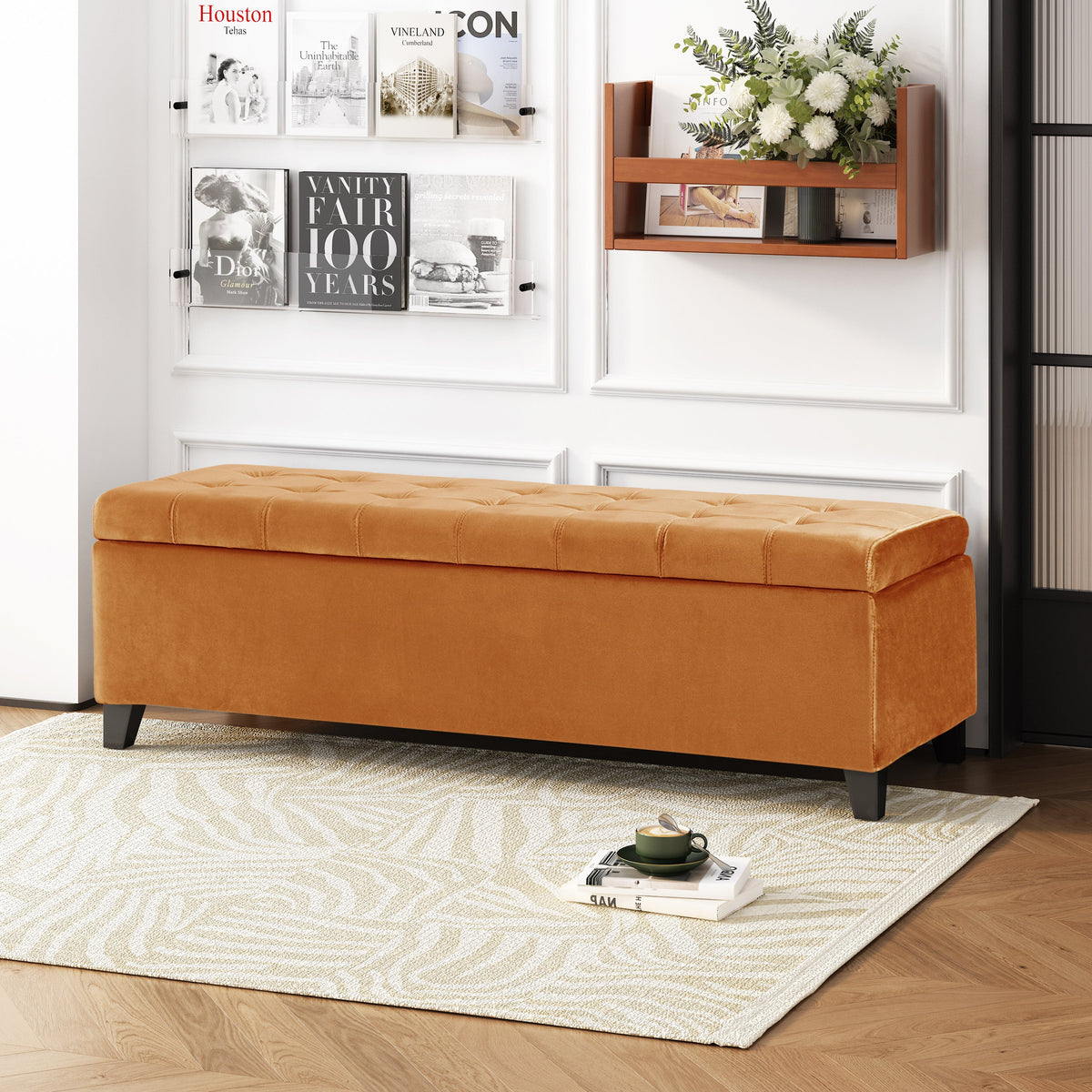 Tufted Storage Ottoman with Nailhead Trim - Fabric Storage Bench, photo 5 of 11