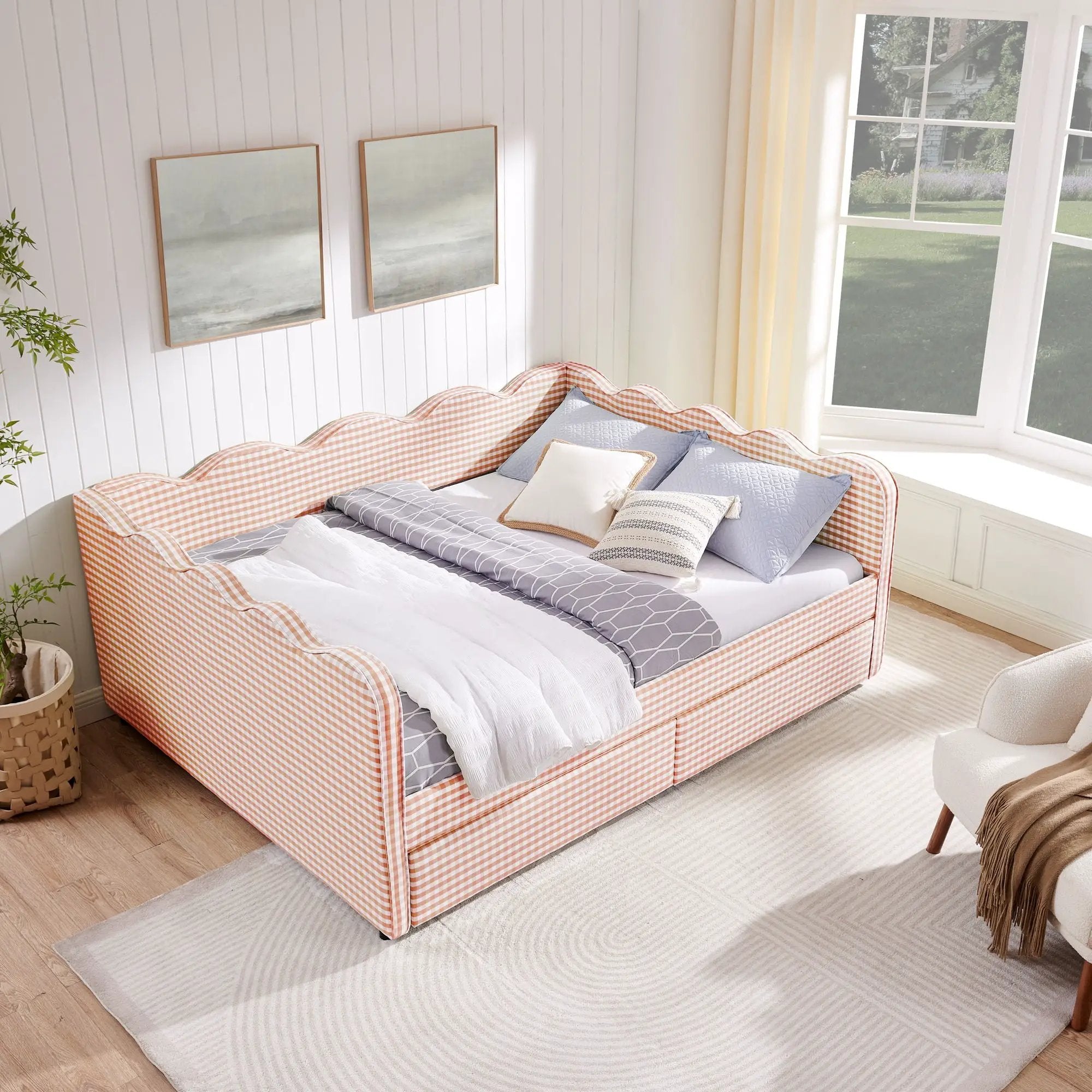 Gingham Daybed With USB Charging Port, Wave-Shaped Design by Unique Piece Furniture