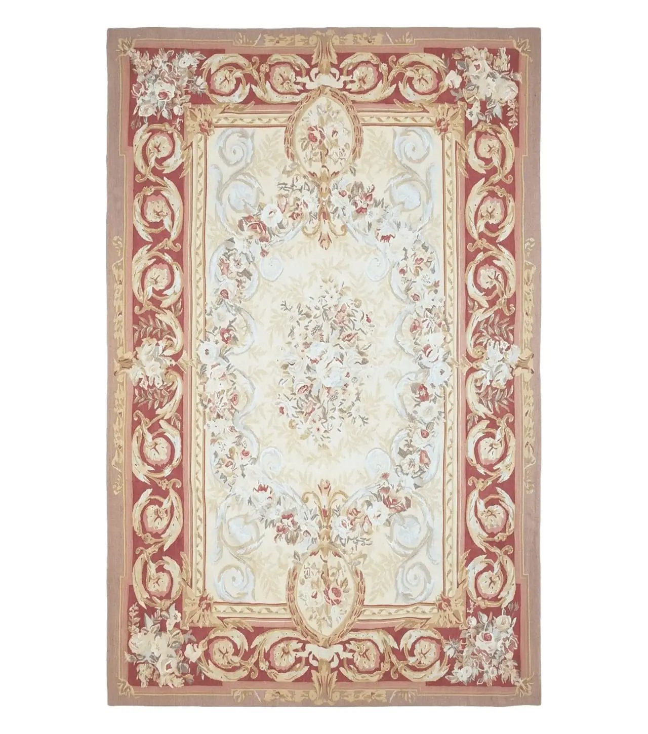 Aubusson Rug 6x9, Elegant Flatweave Rug, Aubusson Savonnerie 6 x 9 Flatweave Area Rug, Cream and Red, Wool Hand Woven Carpet, Medium Size by Jewel Rugs