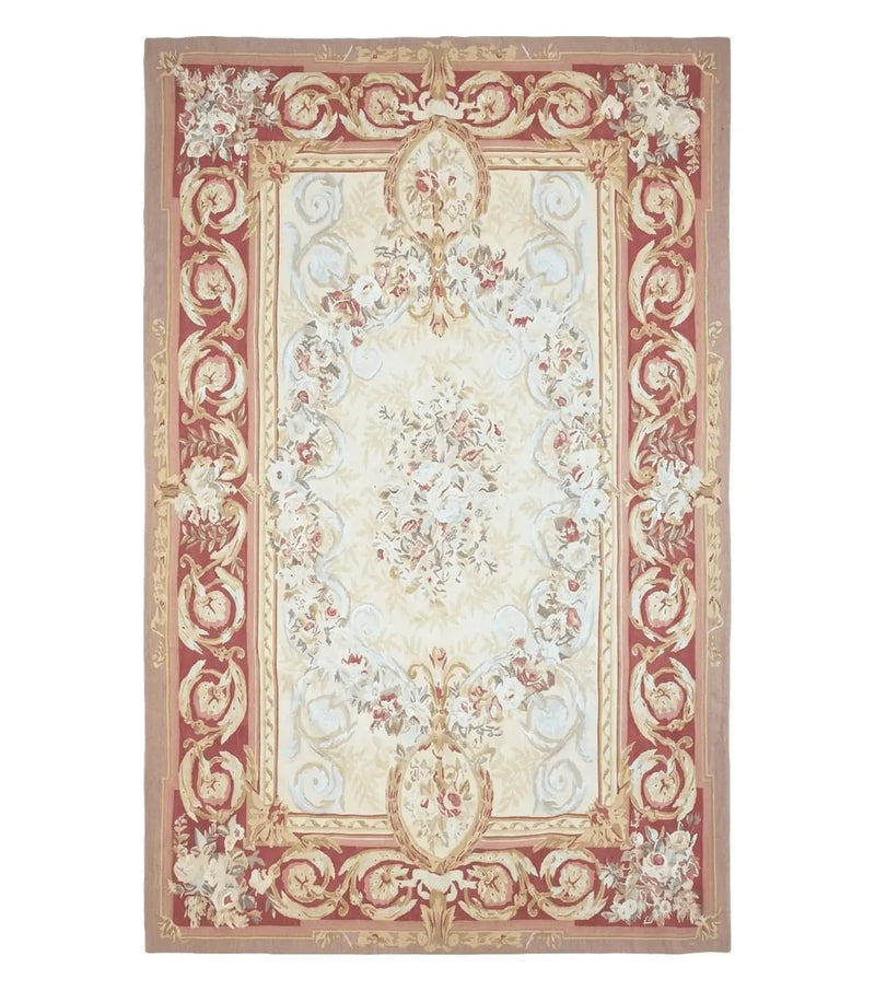 Aubusson Rug 6x9, Elegant Flatweave Rug, Aubusson Savonnerie 6 x 9 Flatweave Area Rug, Cream and Red, Wool Hand Woven Carpet, Medium Size by Jewel Rugs
