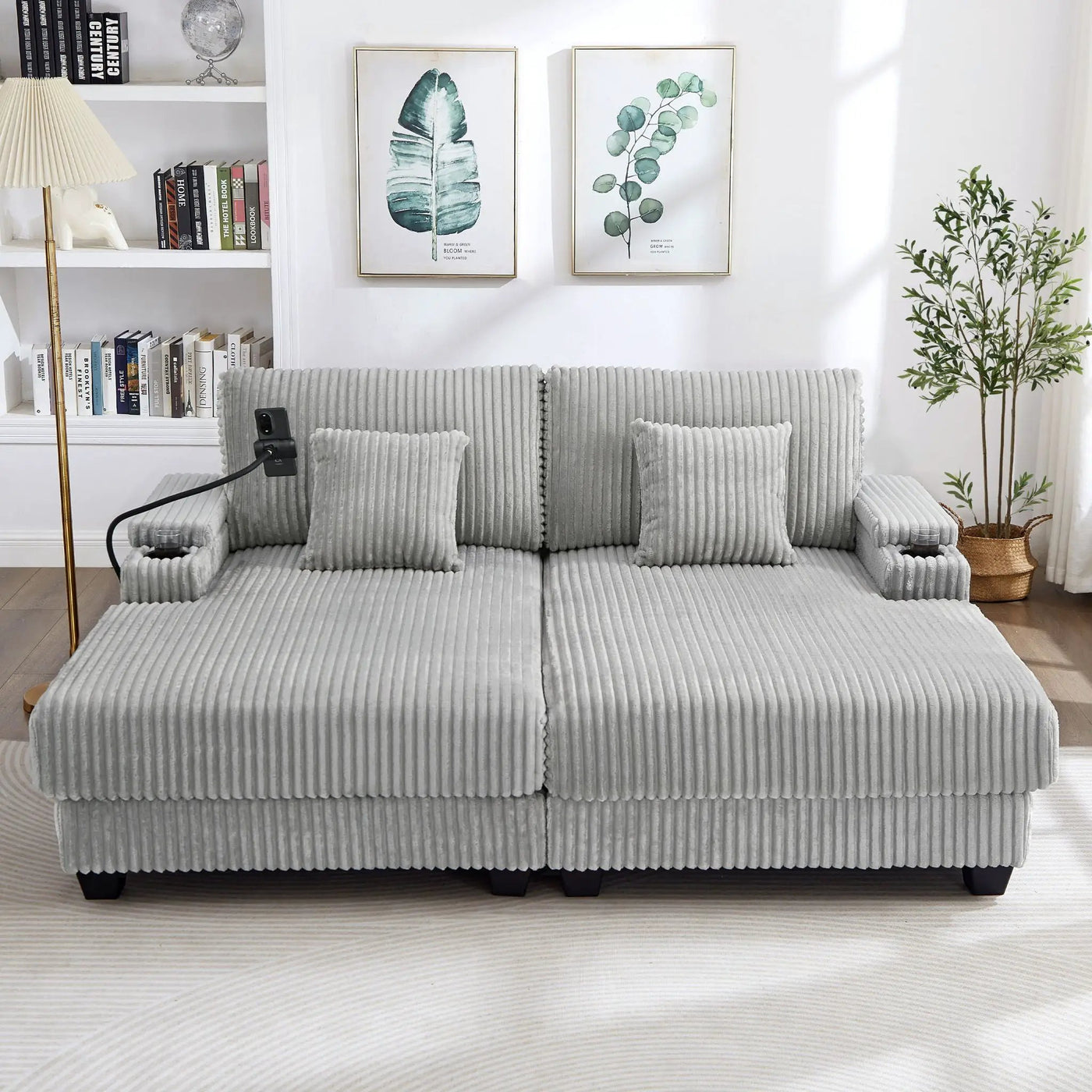 Modern Chaise Sofa With Adjustable Backrest, Cup Holders, Phone Holder & Storage Compartments For Living Room by Unique Piece Furniture