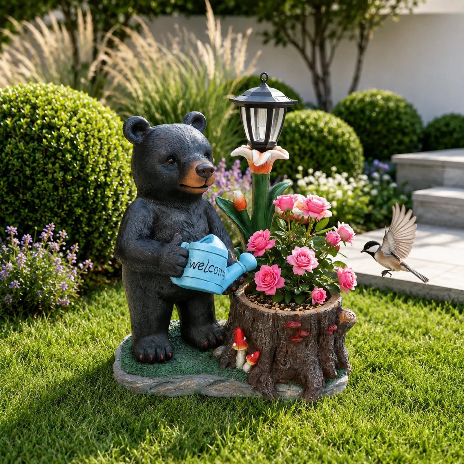 Standing Black Bear Garden Planter with Decorative Solar Lantern by HouseOfZazla
