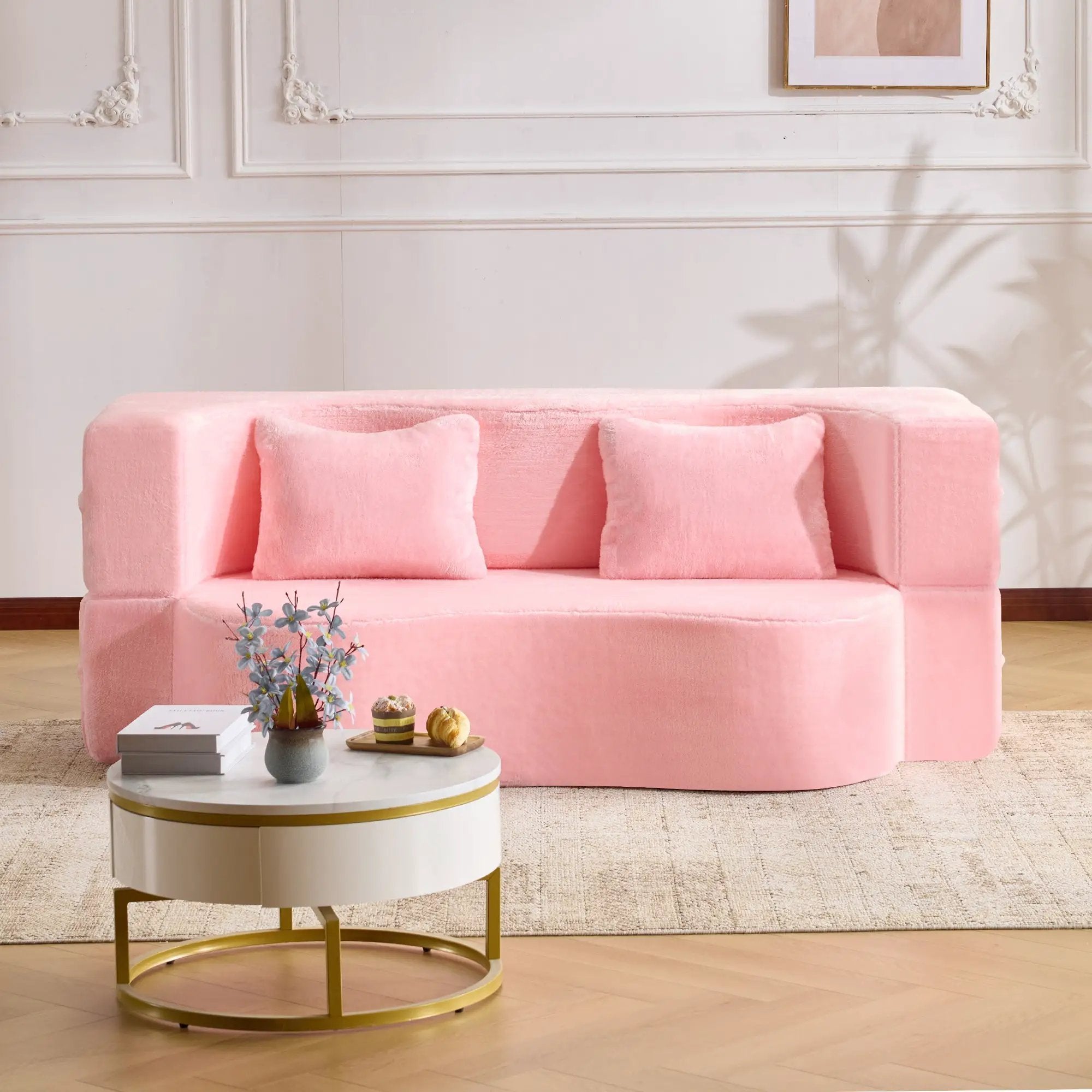 71-Inch Folding Sofa Bed in Pink Chenille with High-Density Foam by HouseOfZazla