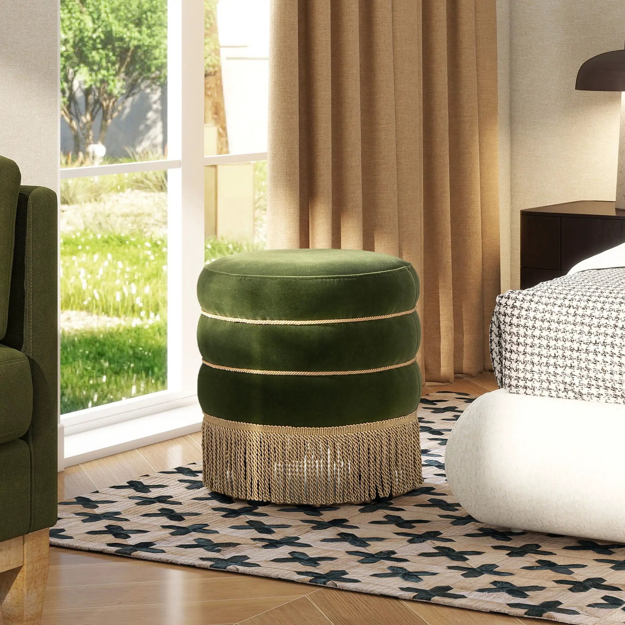 Edward - Round Upholstered Ottoman With Bullion Fringe - Olive Green by Unique Piece Furniture