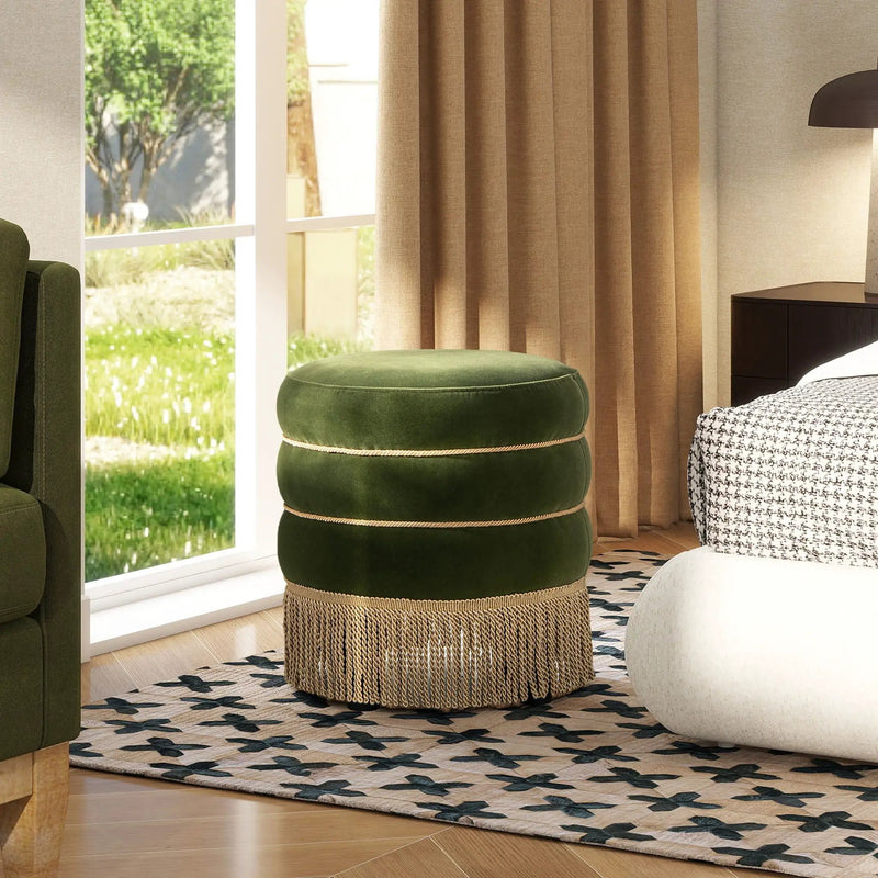 Edward - Round Upholstered Ottoman With Bullion Fringe - Olive Green by Unique Piece Furniture