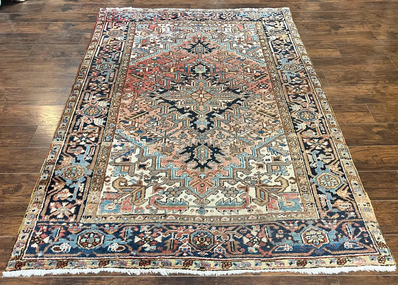 Antique Persian Heriz Rug 6x8, Geometric Medallion, 1920s Oriental Carpet, Handmade Wool Rug by Jewel Rugs