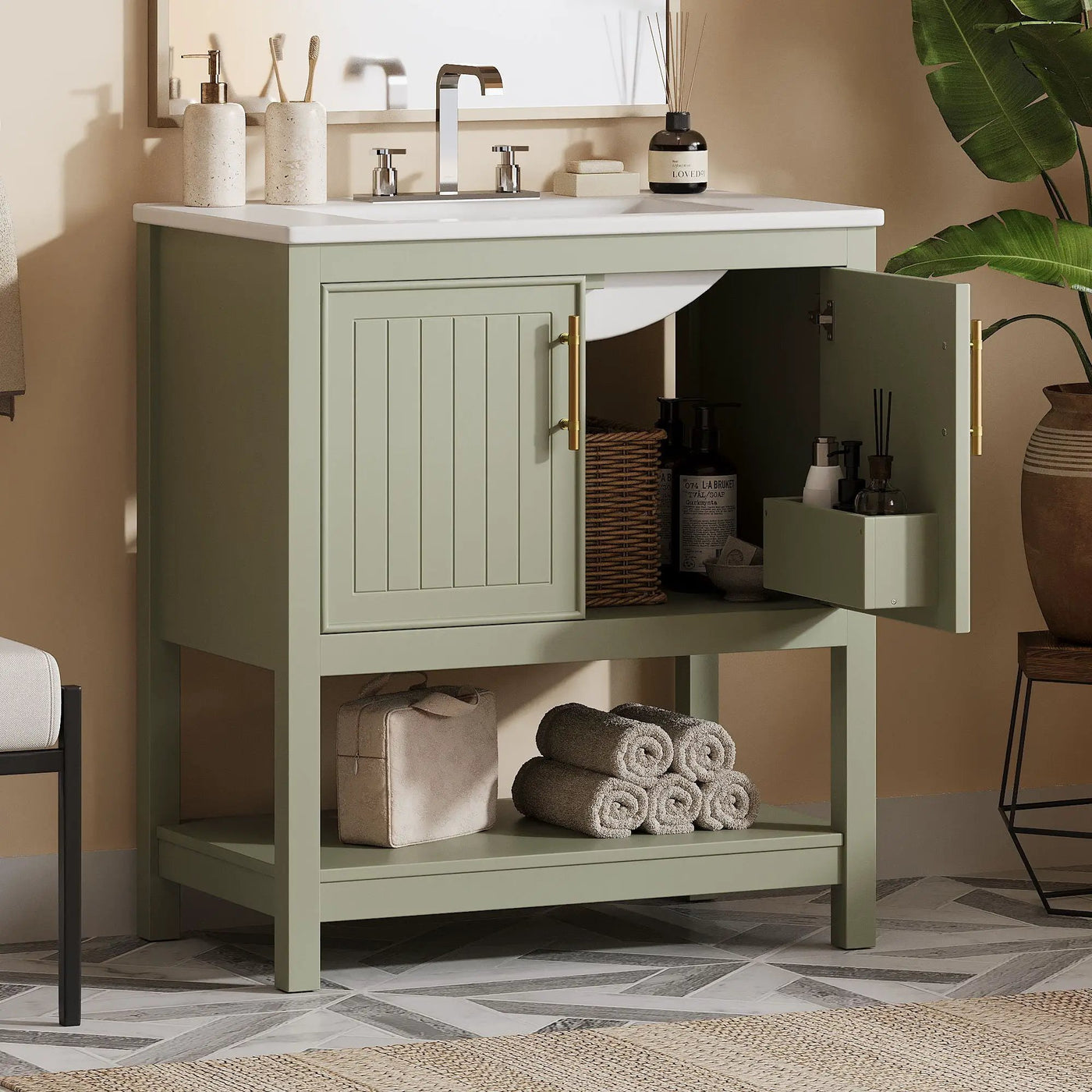 Elegant Bathroom Vanity With Ceramic Sink And Versatile Storage by HouseOfZazla