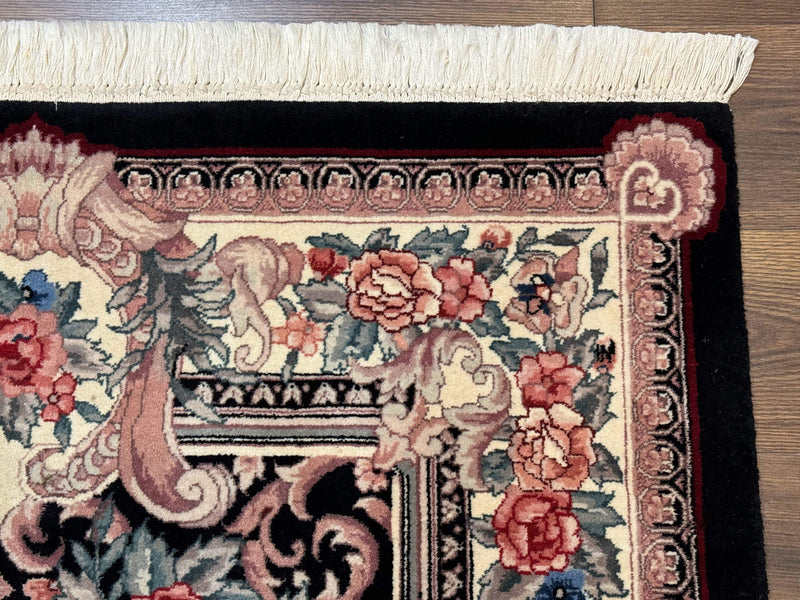 Aubusson Rug 4x6, Elegant European Floral Design, Black and Ivory, Fine 200 KPSI by Jewel Rugs