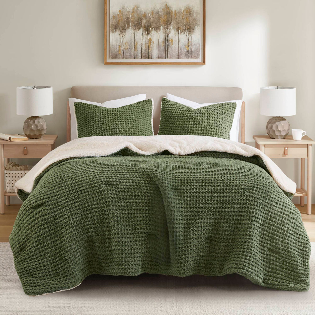 3 Pieces Full/Queen Waffle Knit Chenille Comforter Set in Olive