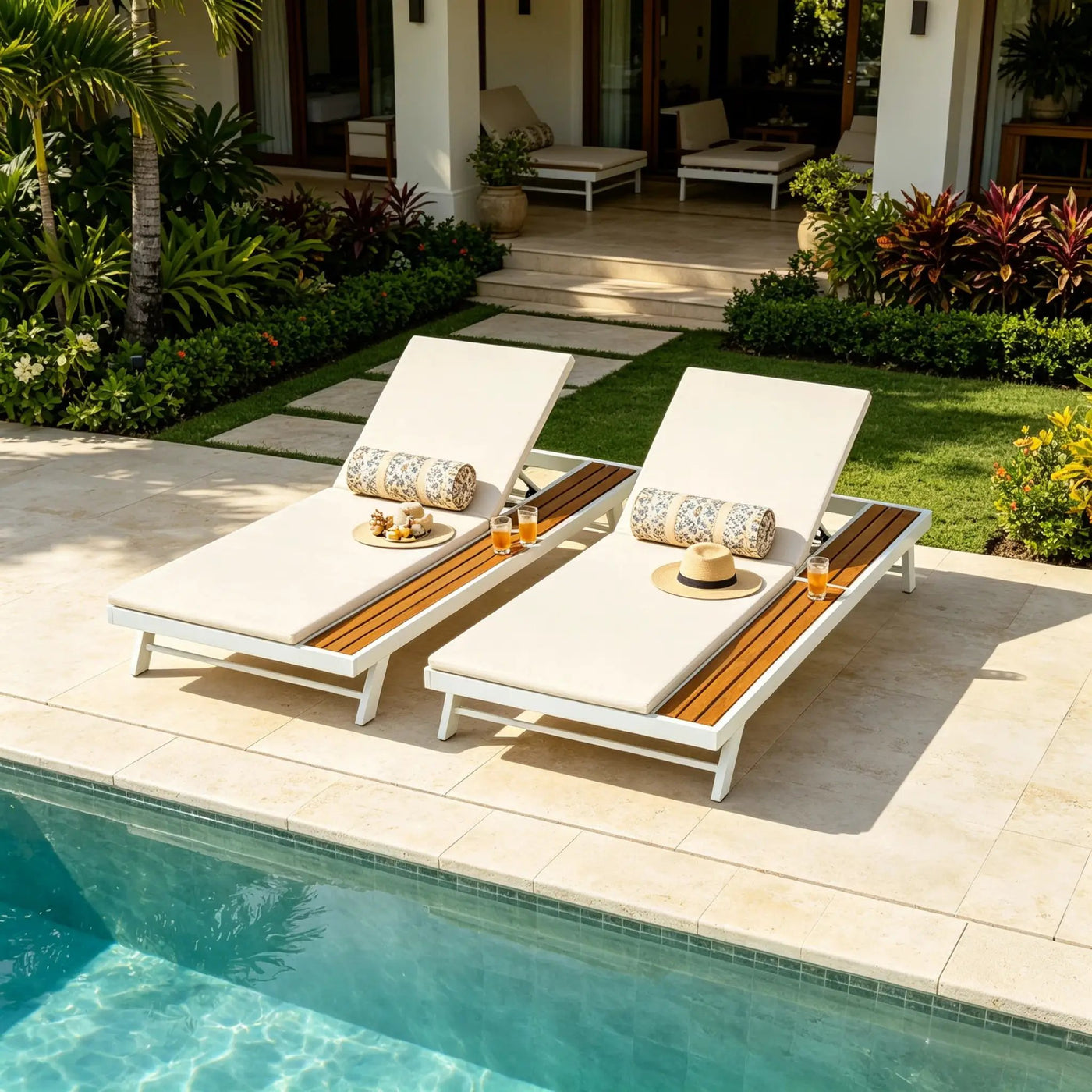 White Iron + Teak Finish Outdoor Chaise Lounge Set by HouseOfZazla