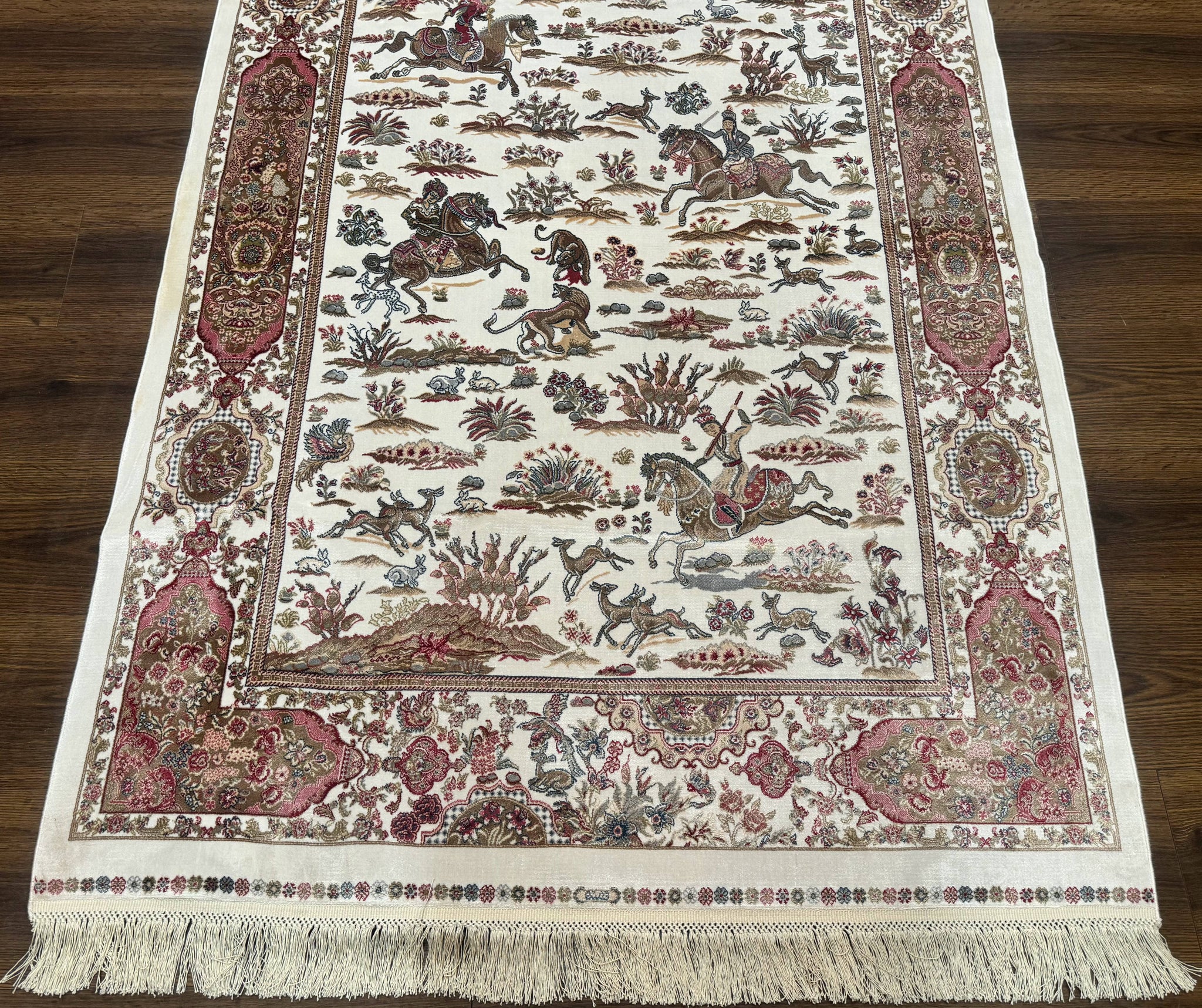Turkish Silk Hunting Scene Rug 4x6, Ivory, Bamboo Silk, New by Jewel Rugs