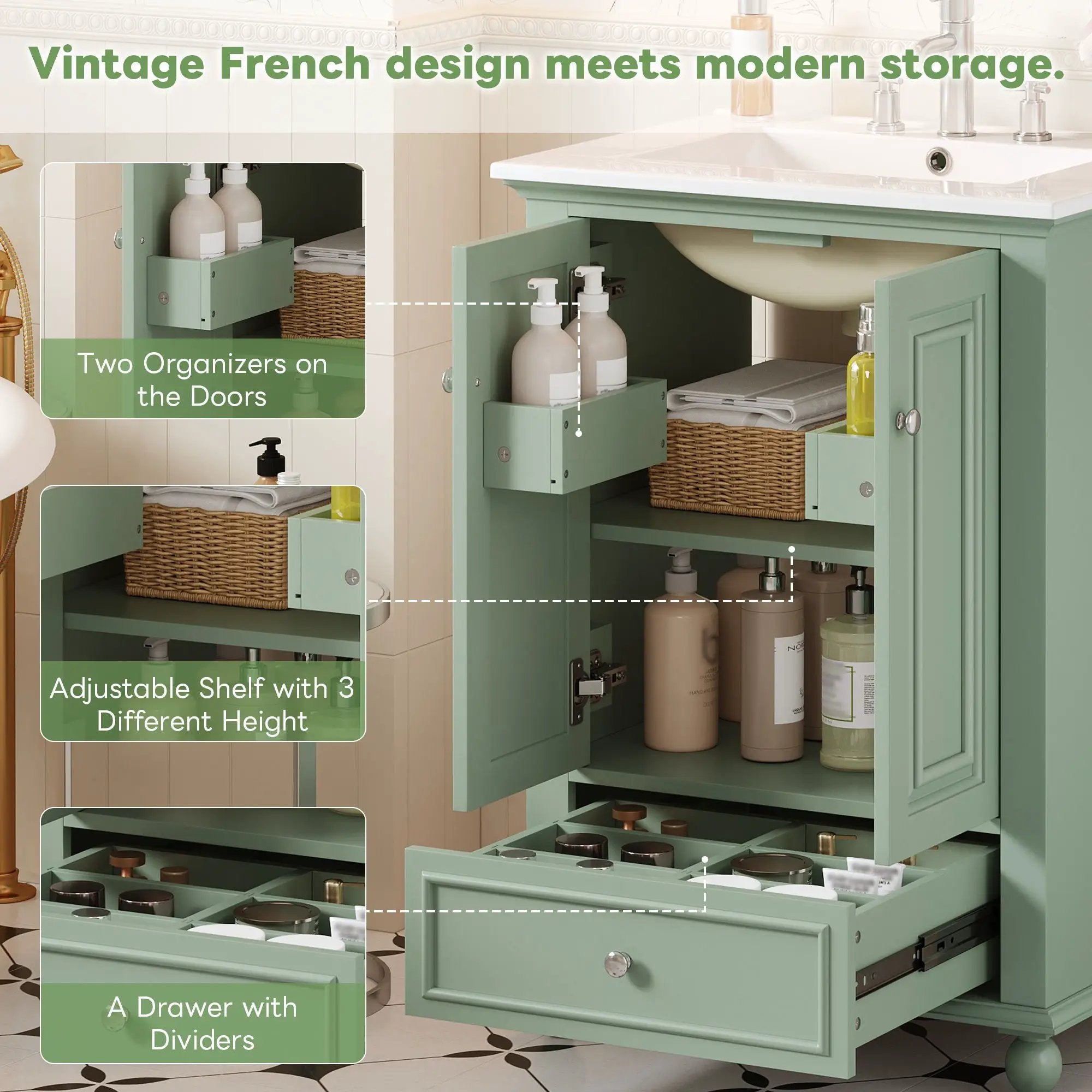 Modern Bathroom Vanity With Sink, Cabinet With Drawer And Dividers, Rectangular Storage Unit
