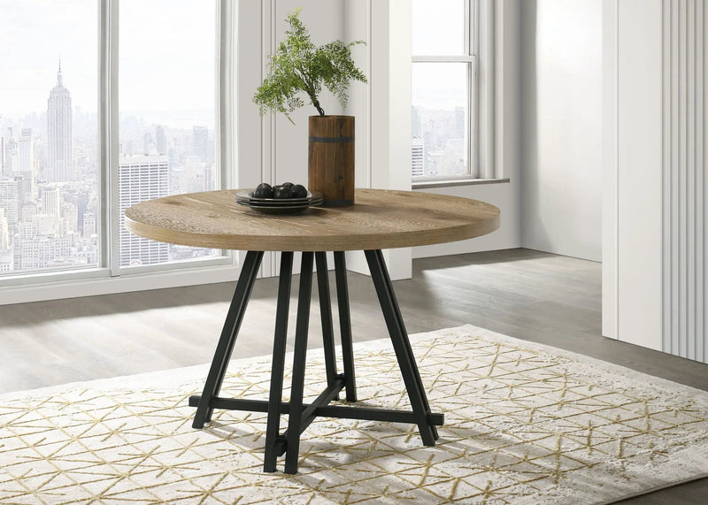Tate - Round Dining Table With Metal Base - Oak Finish by HouseOfZazla
