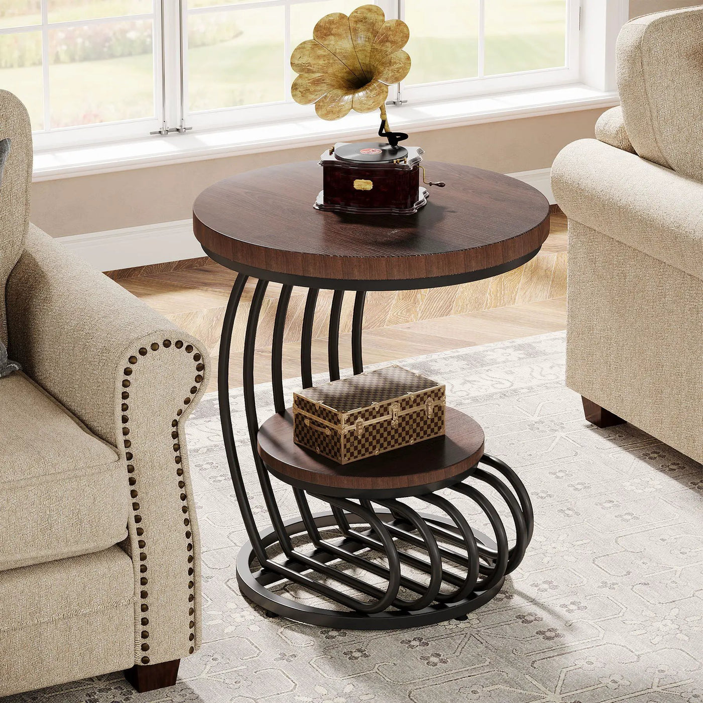 Round Vintage End Table With 2 Tier Storage by HouseOfZazla