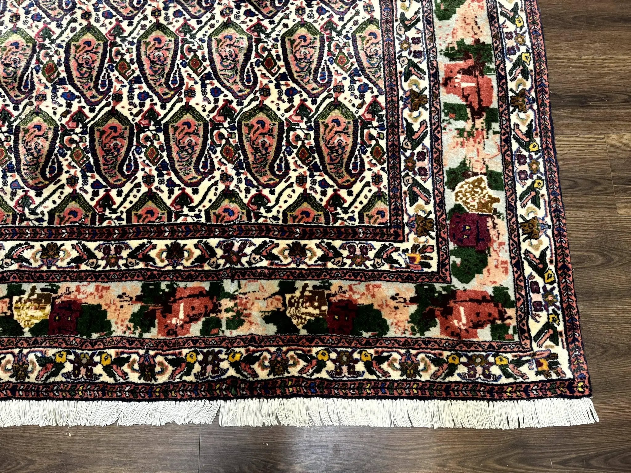 Persian Kurdish Rug 8x11, Repeated Allover Boteh Paisley Design, Bird Pictorials, Rare Antique Sannadaji Carpet by Jewel Rugs