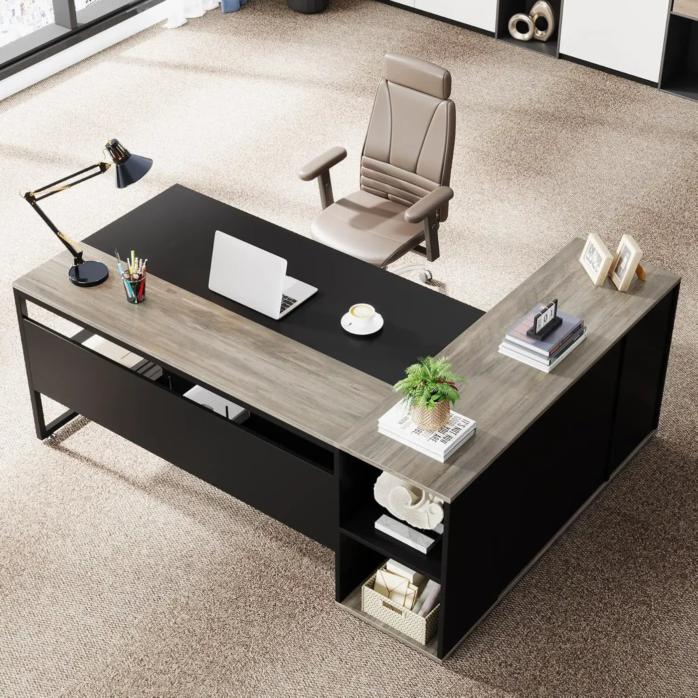 L-Shaped Executive Desk With Cabinet Storage by HouseOfZazla