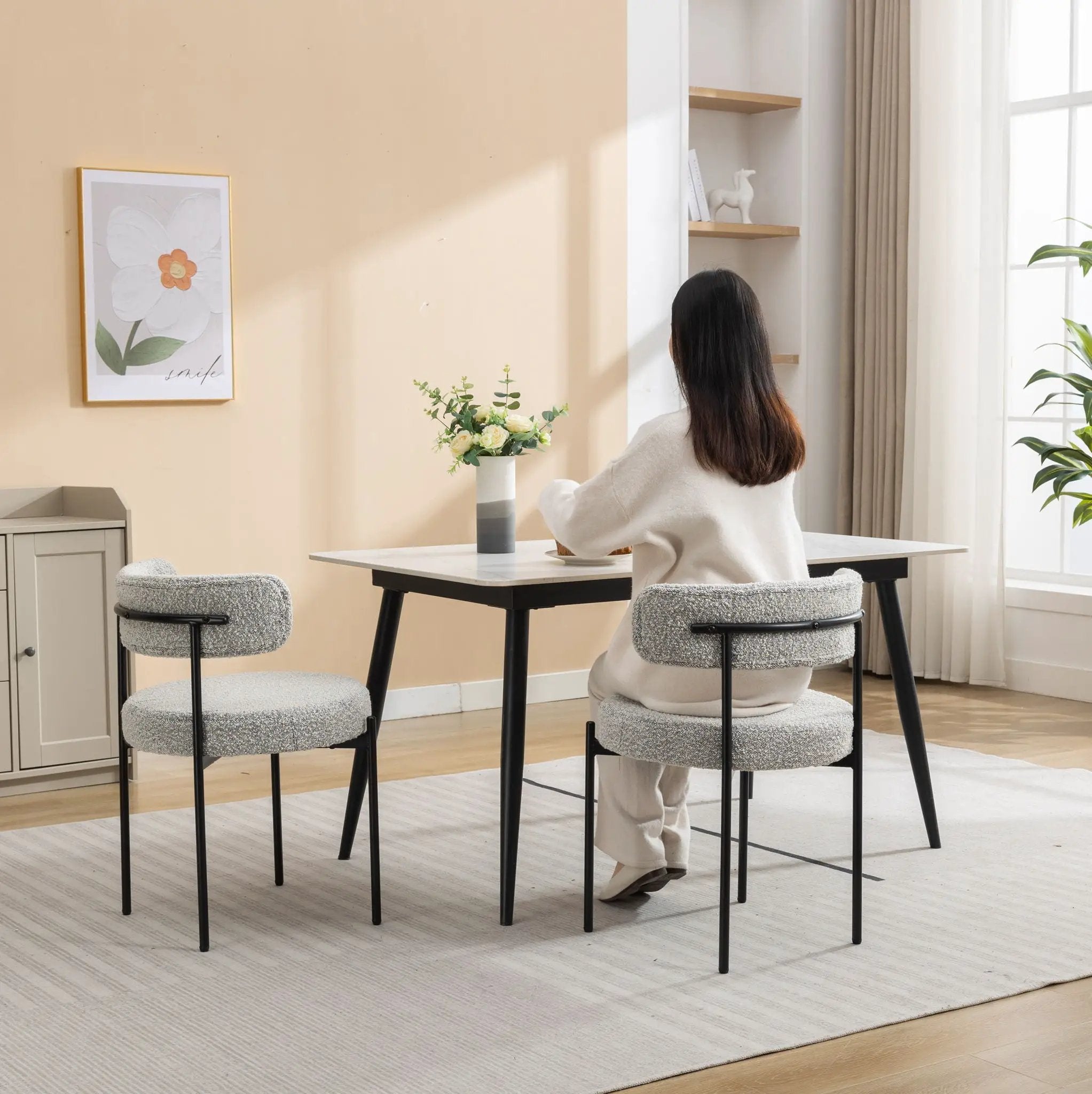 Burbank - Modern Round Boucle Dining Chairs (Set of 2) - Black / White by HouseOfZazla
