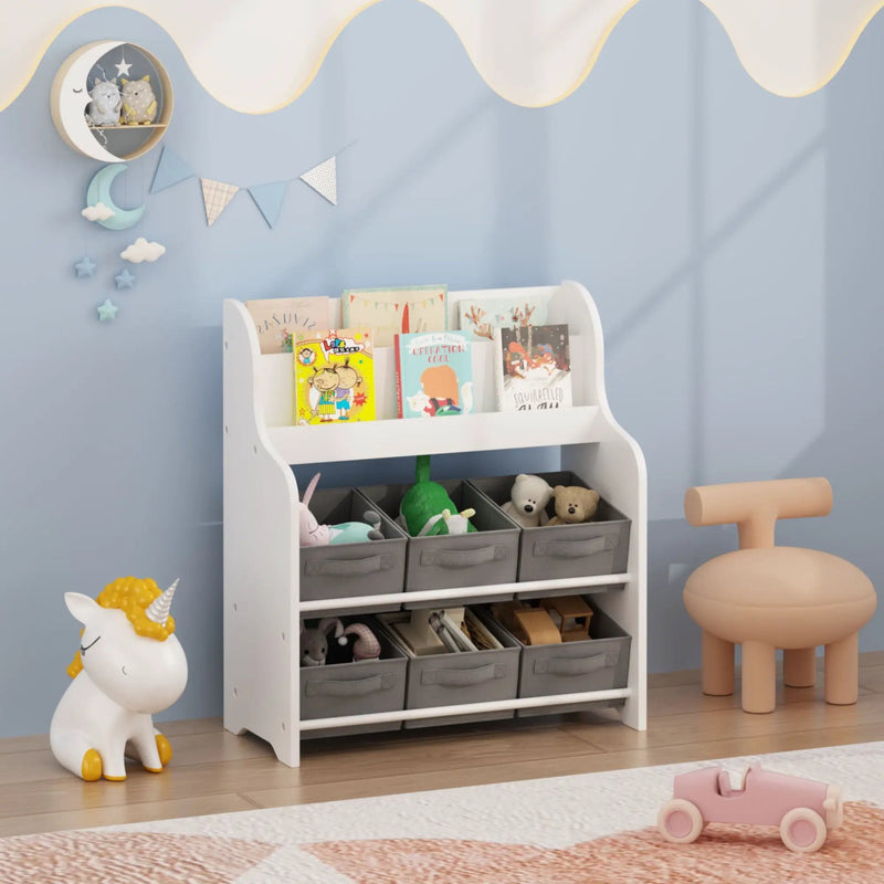 Bookshelf With 6 Storage Bins, Multi Functional Children's Bookcase And Toy Organizer - White by Unique Piece Furniture