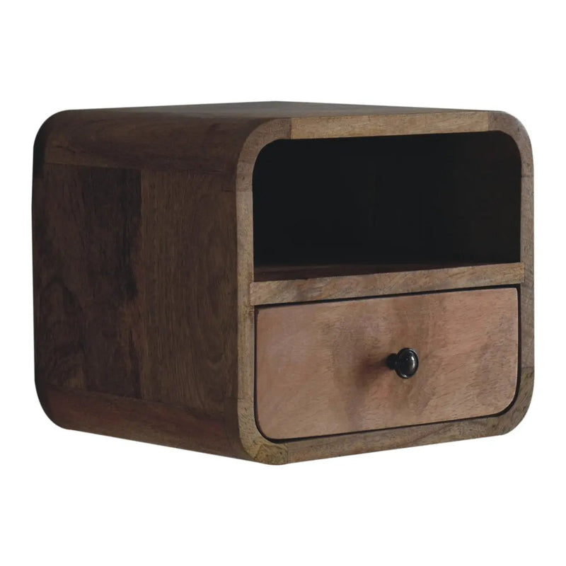 Extra Mini Wall-Mounted Curved Oak-ish Nightstand with Open Slot, 1-Drawer by HouseOfZazla