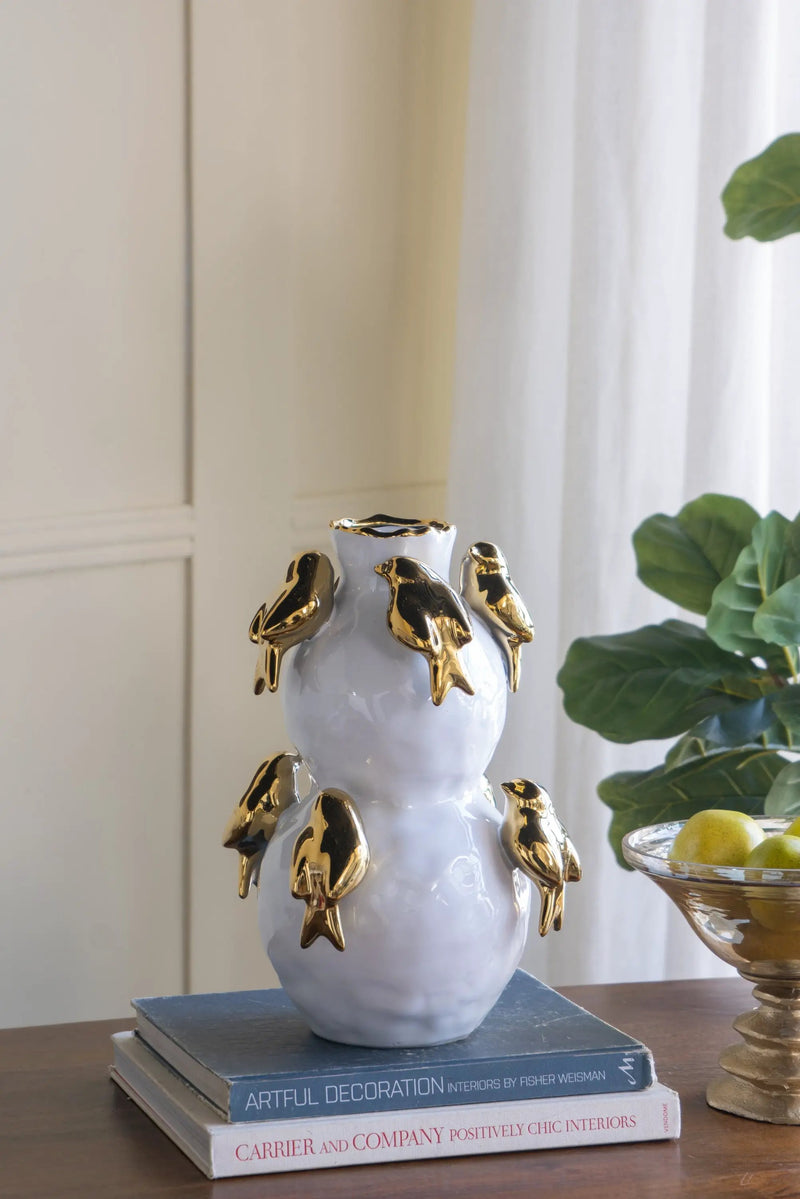 8.5x8.5x14 White Two-Tiered Ceramic Vase with Gold Bird Accents by HouseOfZazla