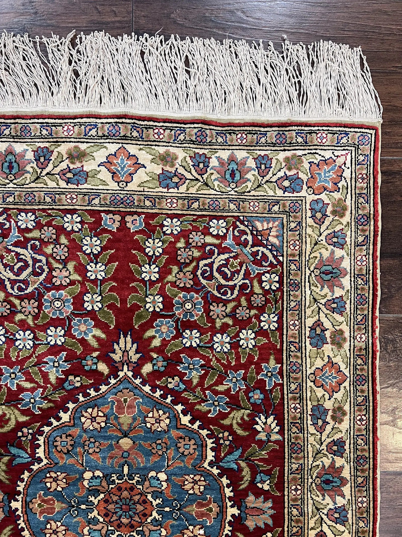Silk Turkish Kayseri Rug 2x3, Small All Silk Turkish Carpet, Red and Light Blue, Very Fine Hand Knotted Semi Antique Vintage Handmade Rug by Jewel Rugs