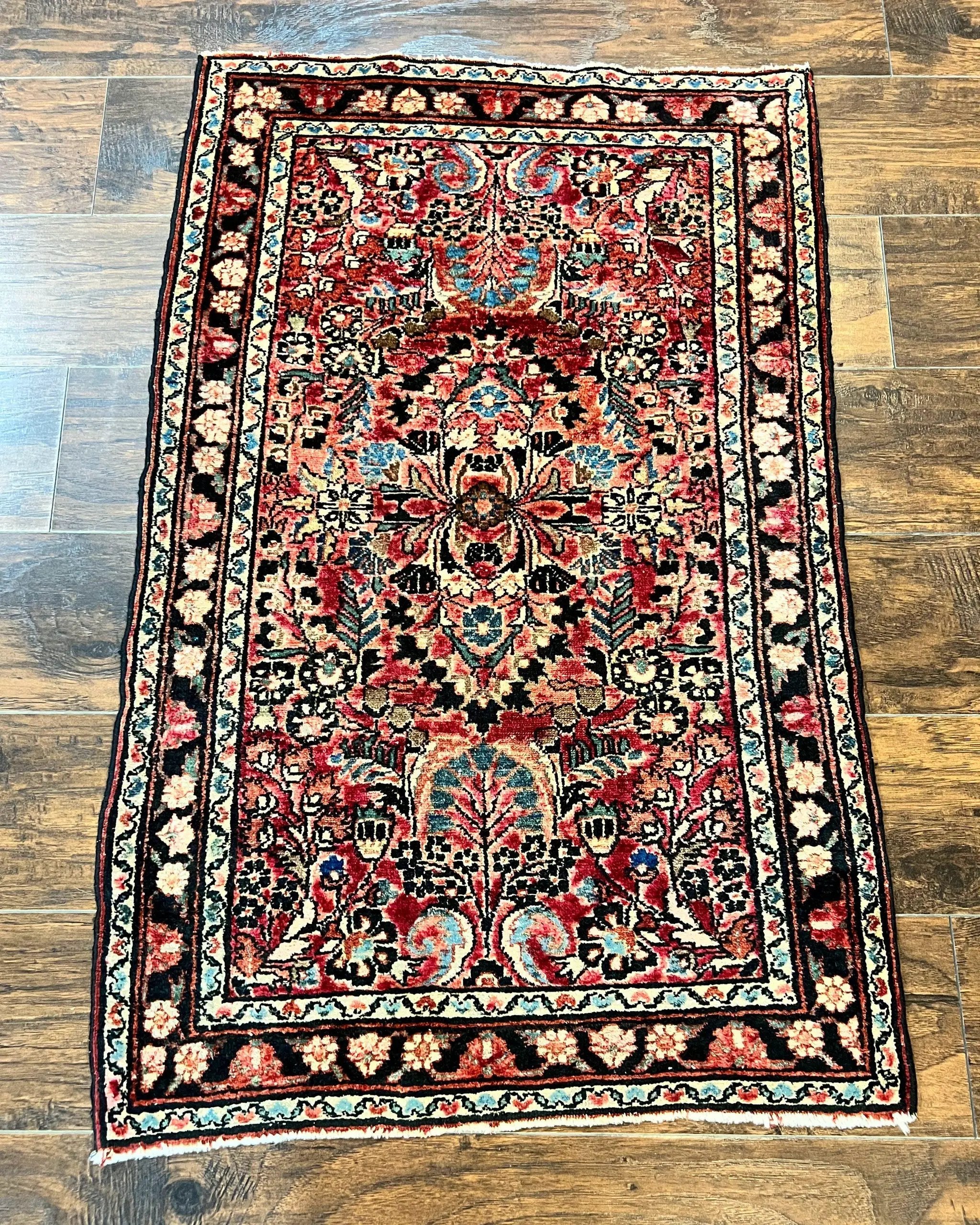 Small Antique Persian Rug 2.6 x 4, Red Floral Handmade 1920s Wool Rug, Persian Hamadan Lilian Rug by Jewel Rugs