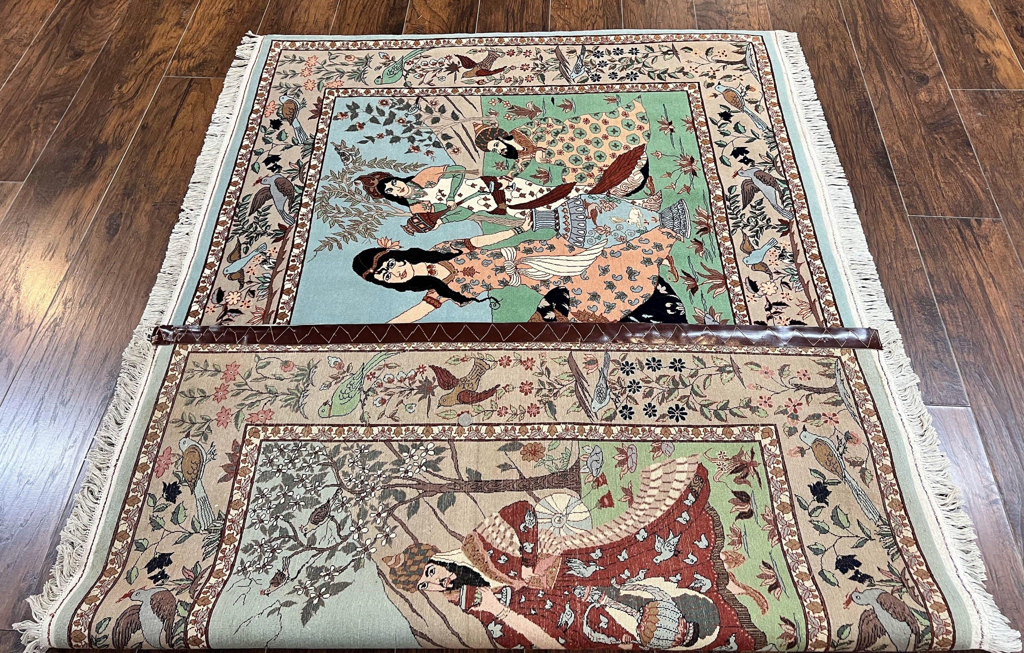 Indo Persian Pictorial Rug 4x7, Handmade Hand Knotted Wool Semi Antique Horizontal Carpet, Men & Women Drinking, Fine Rug, Bird Pictorials by Jewel Rugs