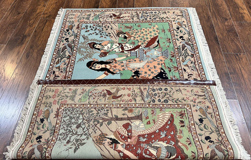 Indo Persian Pictorial Rug 4x7, Handmade Hand Knotted Wool Semi Antique Horizontal Carpet, Men & Women Drinking, Fine Rug, Bird Pictorials by Jewel Rugs
