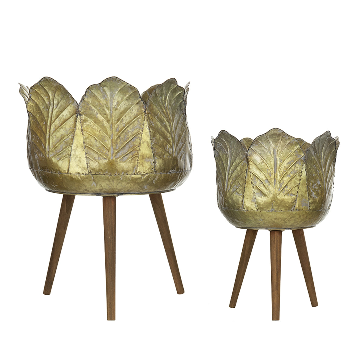 Set of 2 Metal Planters with Solid Wood Legs Stand - Natural Zinc, photo 4 of 10