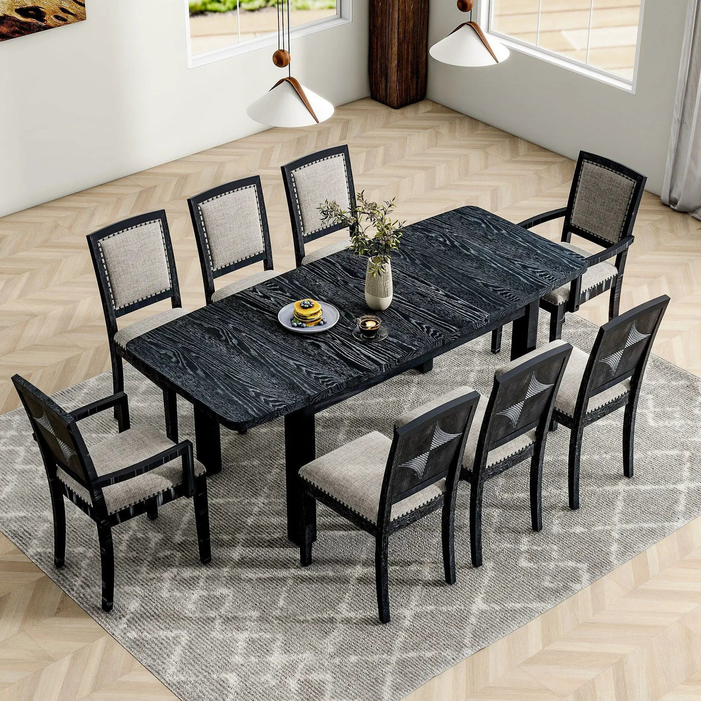 Topmax - Rustic Extendable Dining Table Set With Removable Leaf, 6 Upholstered Armless Dining Chairs And 2 Padded Arm Chairs, 9 Pieces by Unique Piece Furniture