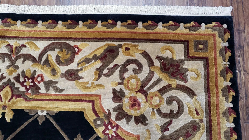 Nepal Rug 6x9, Nepalese Aubusson Area Rug 6 x 9, Hand-Knotted Wool Soft Pile Black & Beige Tibetan Aubusson New Carpet European Savonnerie by Jewel Rugs