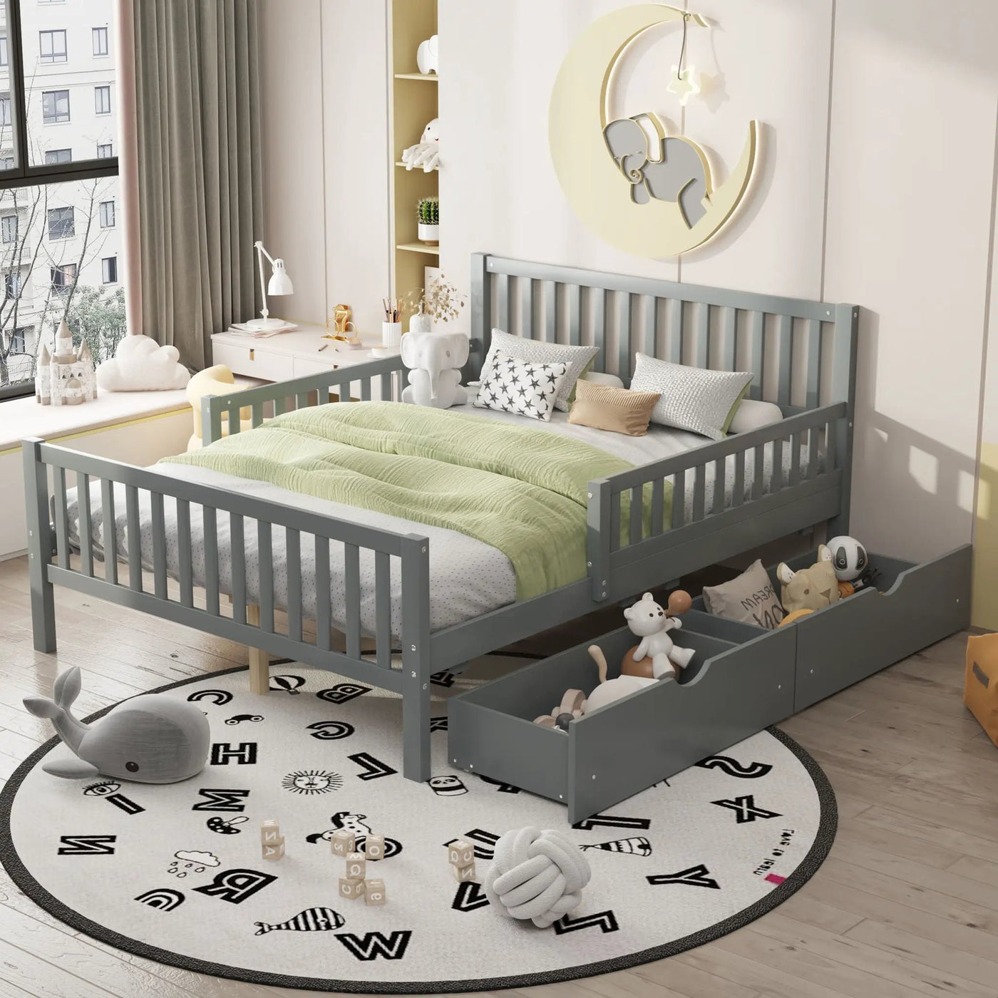 Platform Bed With Guardrails On Both Sides And 2 Storage Drawers by HouseOfZazla