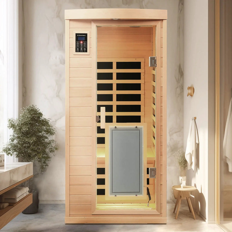 Low Emf Front Door With Heating Panel 1 People Hemlock Far Infrared Indoor Sauna Room - Natural by HouseOfZazla