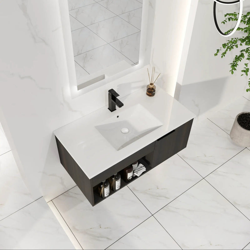 Wall Mounted Floating Bathroom Vanity With Open Shelf & Soft Close Door