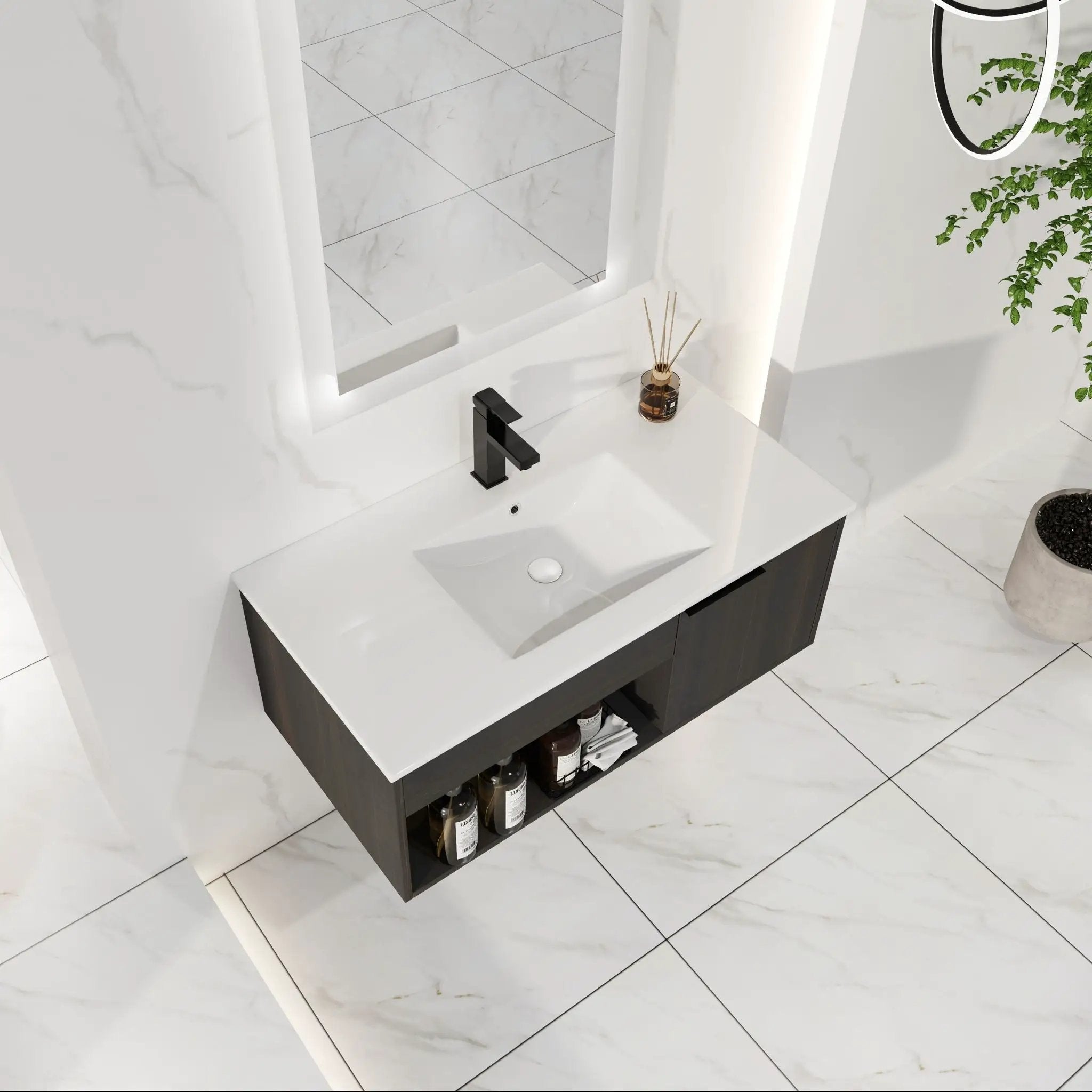 Wall Mounted Floating Bathroom Vanity With Open Shelf & Soft Close Door by Unique Piece Furniture