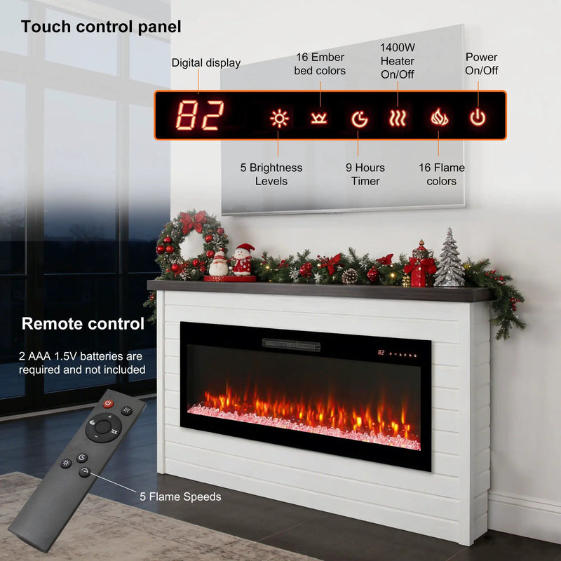 65" Electric Fireplace With Wall Mantel, 50" Fireplace Insert Heater, Remote Control, Timer For Living Room - Antique White by HouseOfZazla