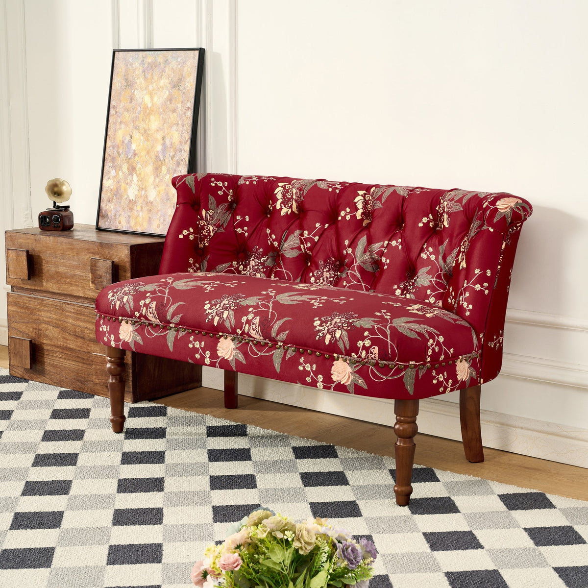 European Style Wine Red Sofa Chair with Floral Print – Wine Red, photo 2 of 10