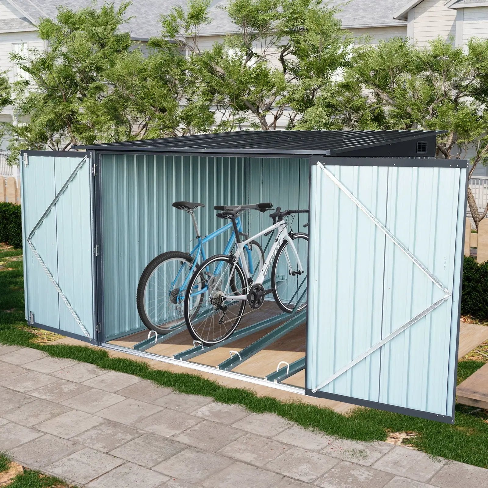 Outdoor Steel Storage Shed For Bicycle With Slope Roof And 4 Bike Tracks - Black by HouseOfZazla